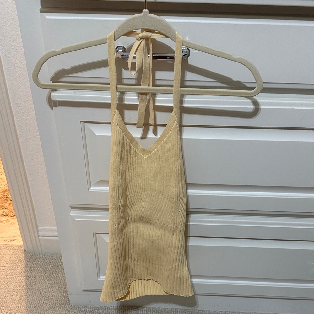 Cream Ribbed Knit Halter Top